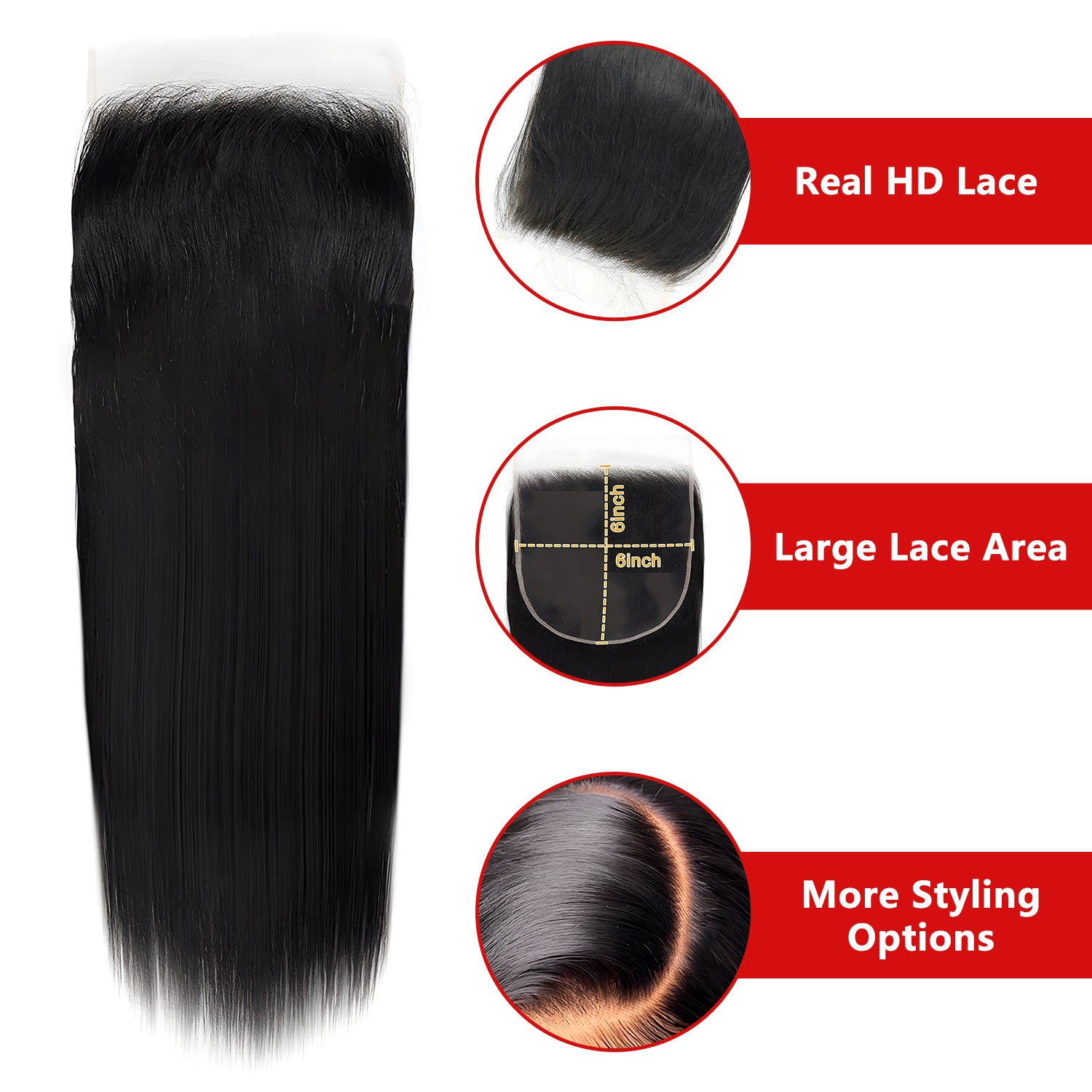 6x6 HD Lace Closure 100% Human Hair Natural Straight 12''-20'' Natural Appearance & Free Part & Reduced Scalp Pressure Local Pickup & Shipping