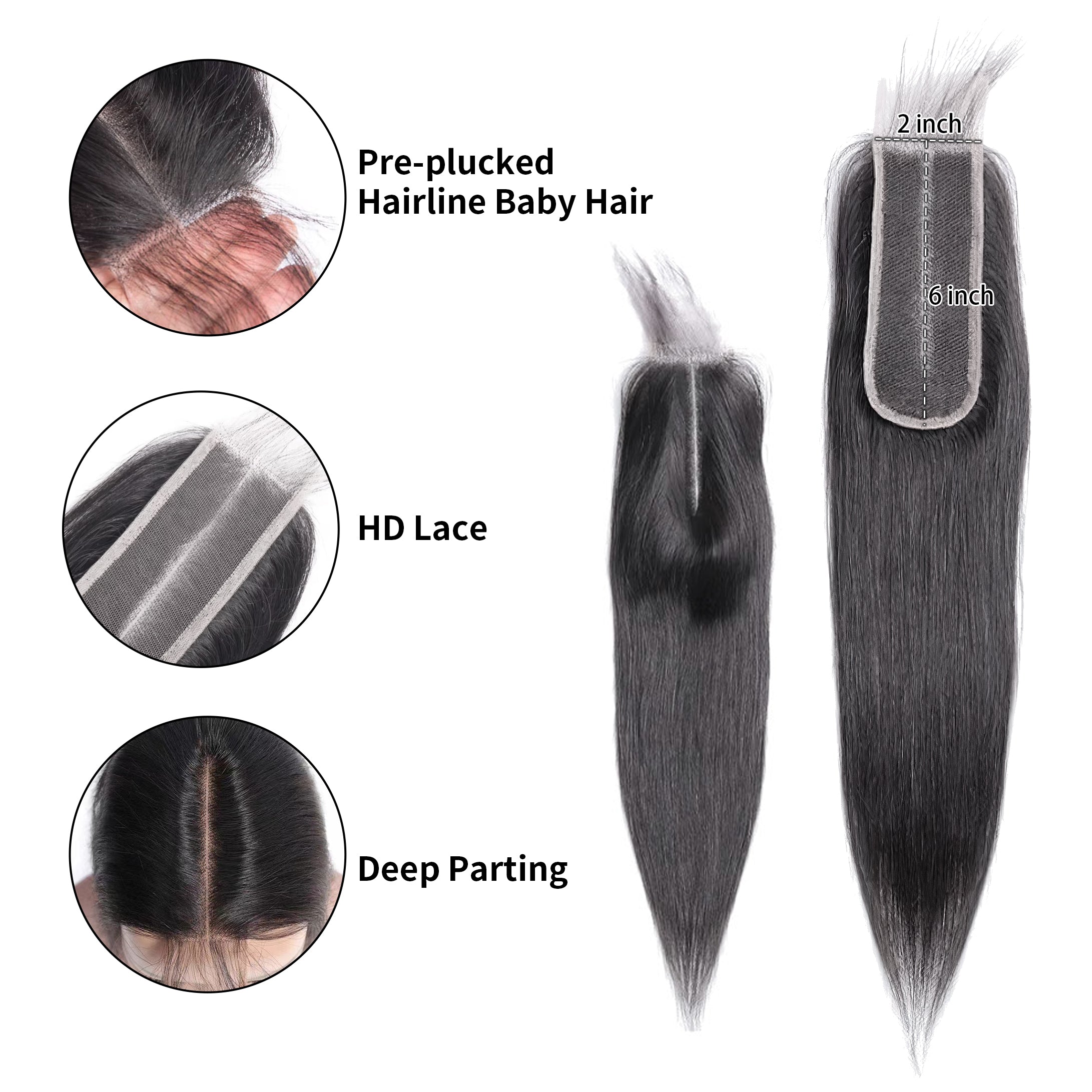 2x6 HD Lace Closure Deep Middle Part 100% Human Hair Natural Color Straight Local Pickup & Shipping